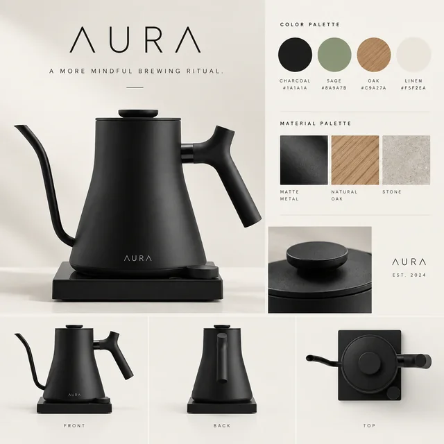Aura kettle brand direction board with colors, materials, and product views