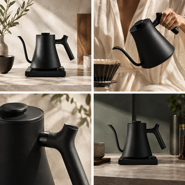 Four creative concepts showing the black kettle in kitchen and coffee scenes