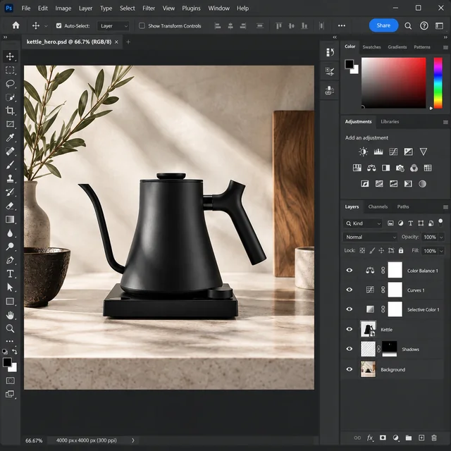 Kettle campaign image being refined in Photoshop