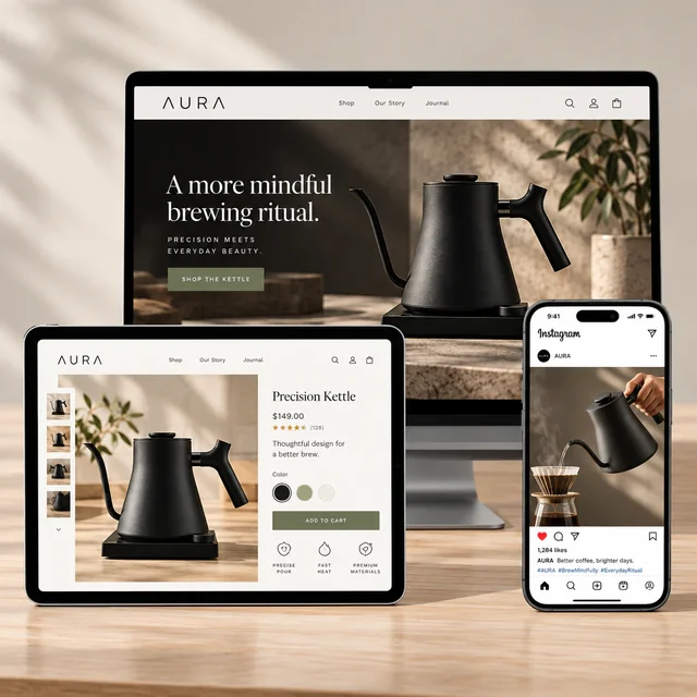 Finished Aura kettle campaign shown on a desktop website, tablet, and phone