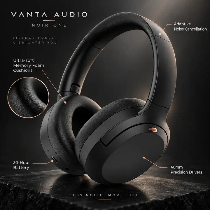 Vanta Audio headphone graphic highlighting noise cancellation, cushions, battery life, and drivers
