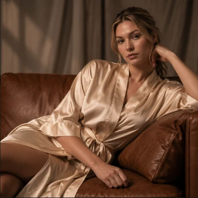 AI-generated lifestyle campaign image of a model in a satin robe on a leather sofa