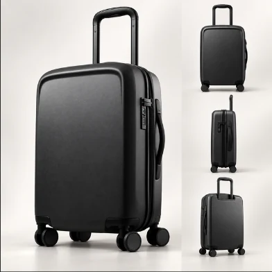 Black rolling suitcase visualized from multiple angles against a light studio background