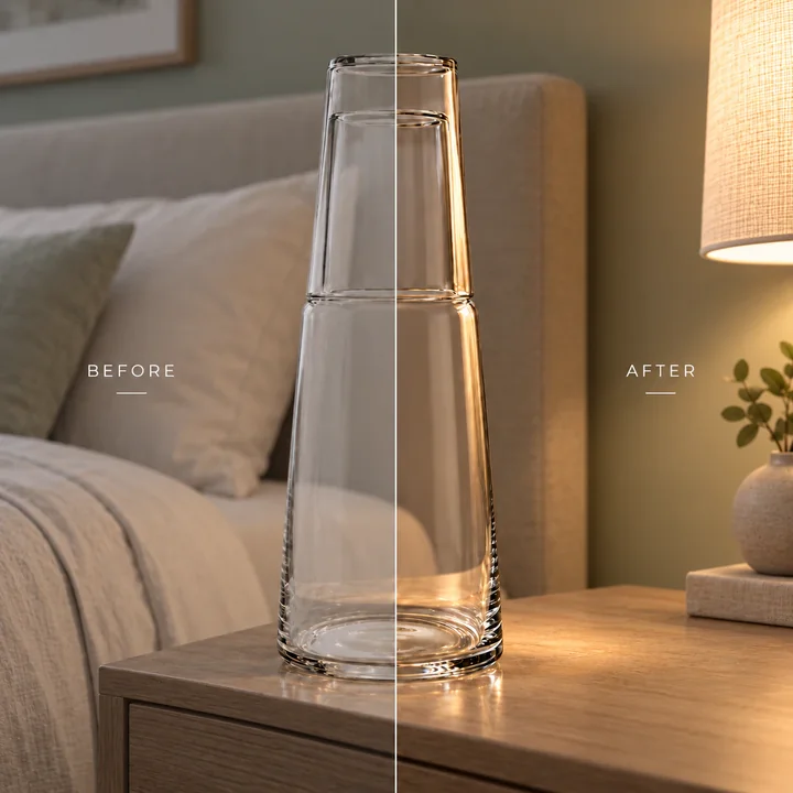Before and after retouching of a glass water carafe in a bedroom scene