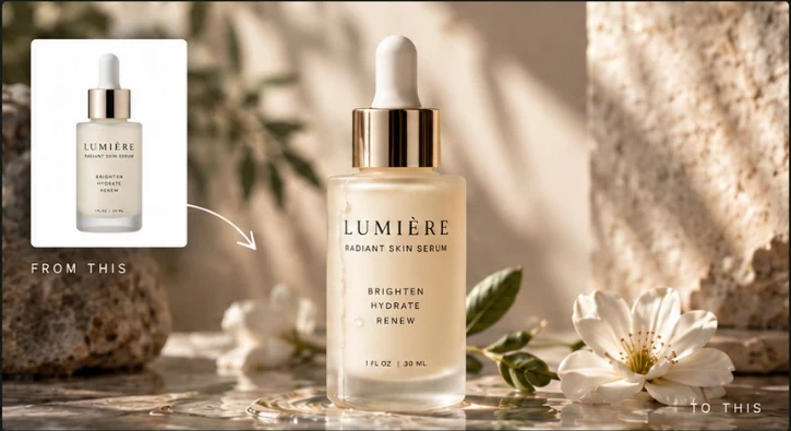 Before and after: a plain product shot of Lumière Radiant Skin Serum transformed into a styled campaign scene with stone and white flowers