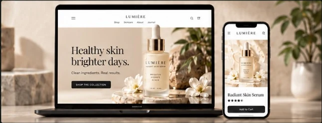 Lumière storefront design shown on a laptop and a phone