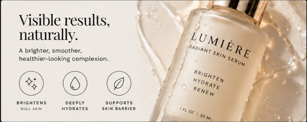 Feature graphic for Lumière serum highlighting three benefits: brightens, deeply hydrates, supports skin barrier